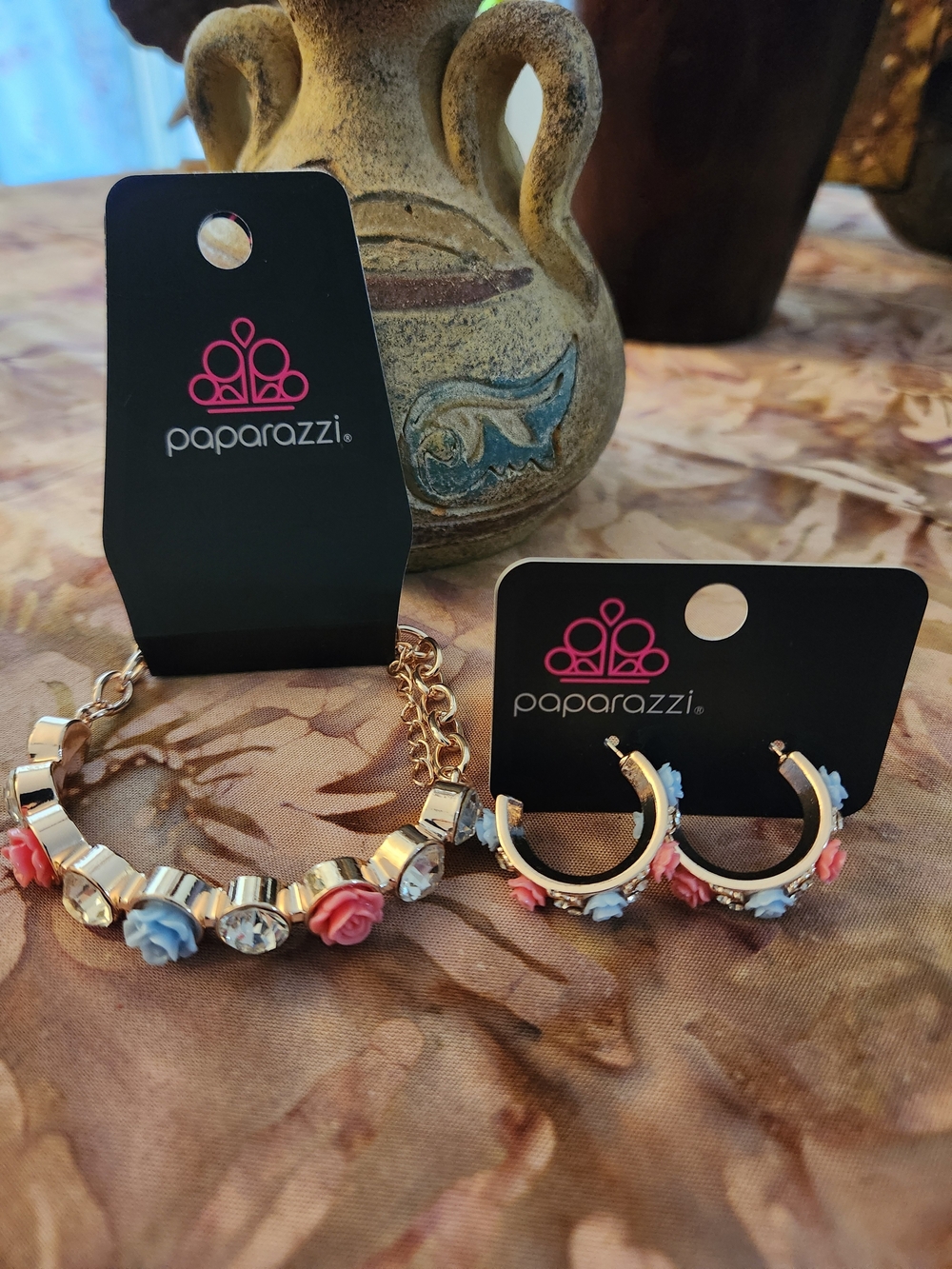 Paparazzi Gold-Tone Floral Bracelet and Hoop Earring Set - Pink & Blue
